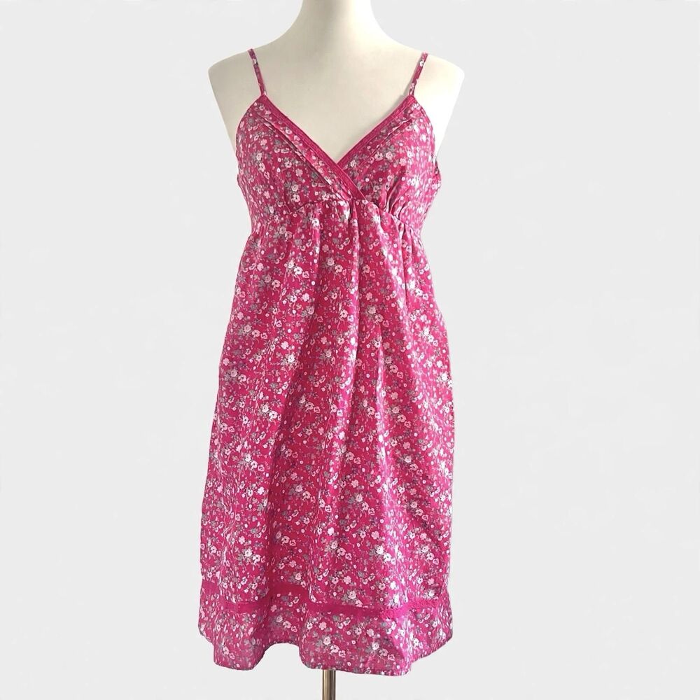 VTG L.e.i Hot Pink Floral Y2K Lace Detail Babydoll Mini Sundress Womens sz M